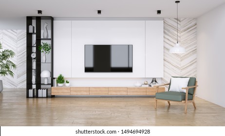  TV Cabinet And Display With  On Wood Flooring And Green Chair, Minimalist And Vintage Interior Of Living Room,  ,3d Rendering