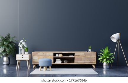 Tv Cabinet In Modern Empty Room On Dark Wall,minimal Designs, 3d Rendering