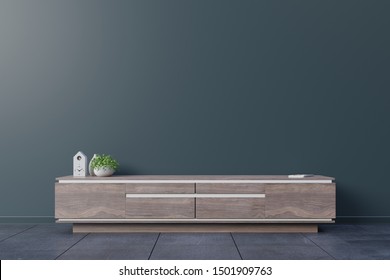 Tv Cabinet In Modern Empty Room,Dark Wall, 3d Rendering