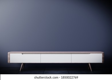 Tv Cabinet In Modern Empty Room,Dark Wall, 3d Rendering