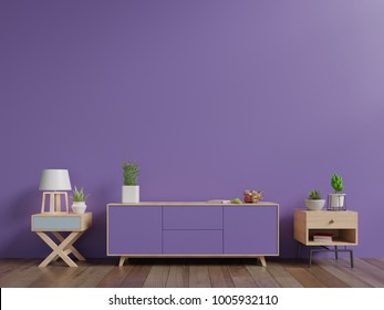 Tv Cabinet With Plants And Lamp Have Wall Ultra Violet Color Of The Year 2018 ,3D Rendering