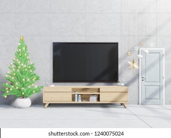 TV Christmas On Cabinet In Modern Living Room With Lamp,table,flower And Plant On Cement Wall Background,3d Rendering