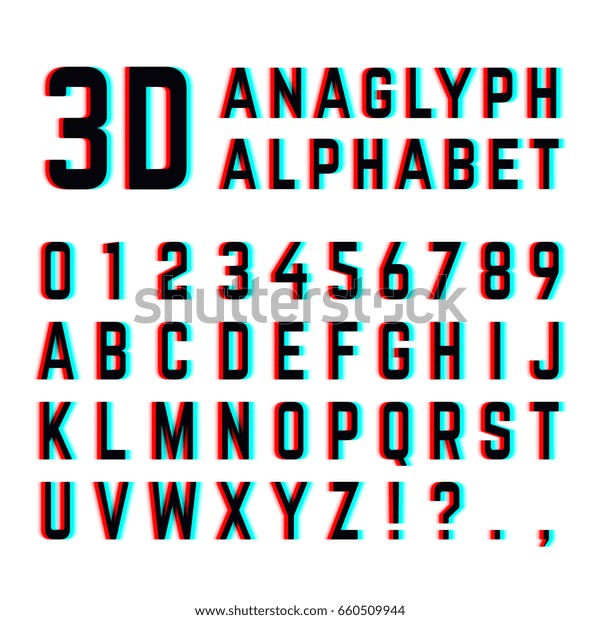 テレビの歪み3d効果は 立体視 アナグリフのアルファベットと数字です 歪みを持つ英語のアルファベット 拡散効果を持つデザインアルファベットのイラスト の イラスト素材 660509944