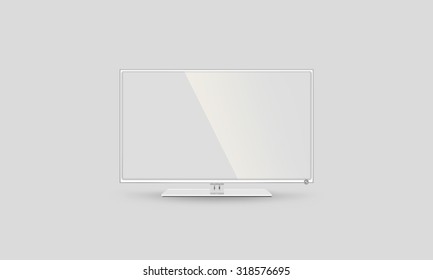 TV Flatscreen Lcd, Plasma Realistic Illustration. White HD Monitor Mock Up. Television Multimedia Panel Screen. Good Show Your Business Presentation On Flat Display Mockup. Home Tv Stand In Studio.