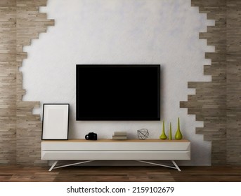 Tv Interior Room Mockup With Desk And Objects, And Messy Wooden Wall. 3d Rendering. 3d Illustration