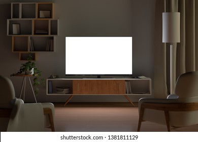 Tv Mockup In Living Room At Night. Tv Screen, Tv Cabinet, Chairs, Bookshelf. 3d Illustration