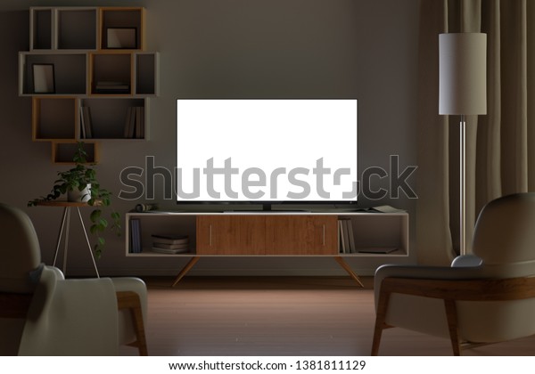 Tv mockup in living room at\
night. Tv screen, tv cabinet, chairs, bookshelf. 3d\
illustration