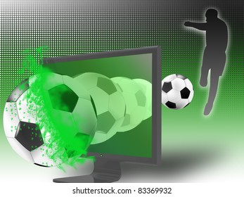 The TV Monitor Is Broken By The Soccer Ball From The Game Broadcast. Concept Of 3D Television