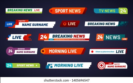 Tv News Bar. Television Broadcast Media Title Banner. Sports Tv Show News Channel Media Bar Header Or Football Advertising Channels Bars. Isolated  Symbols Set