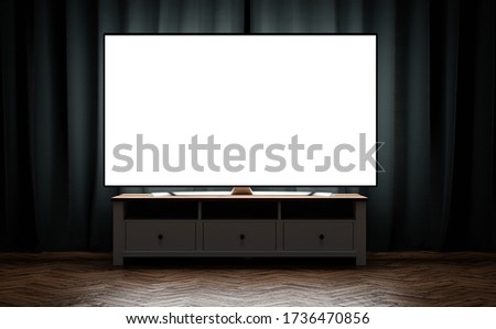 TV OLED blank screen at evening on tv stand on the background of blue curtains - 3d illustration