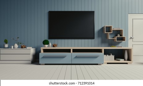 TV On The Blue Wall In Modern Living Room,3d Rendering