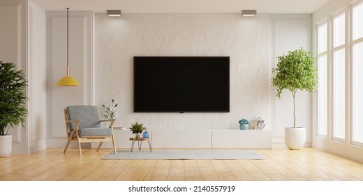 TV On Cabinet Have White Plaster Wall In Living Room With Armchair,minimal Design.3D Rendering