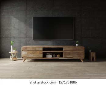 Tv On Cabinet The In Modern Living Room The Concrete Wall,3d Rendering
