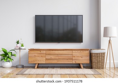 TV On The Cabinet In Modern Living Room On White Wall Background,3d Rendering