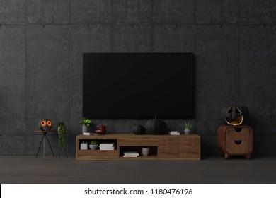 TV On Cabinet In  Room With Halloween Party At Night, In Living Room - Decorations With Lanterns And Pumpkins,3D Rendering