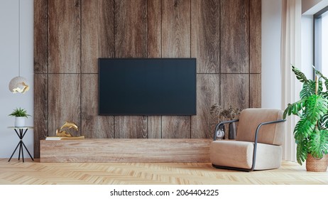 TV on cabinet the wooden wall in living room with armchair,minimal design,3d rendering