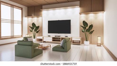 Tv On Empty Wall Background And Wall Wooden Japanese Design On Living Room Zen Style.3D Rendering