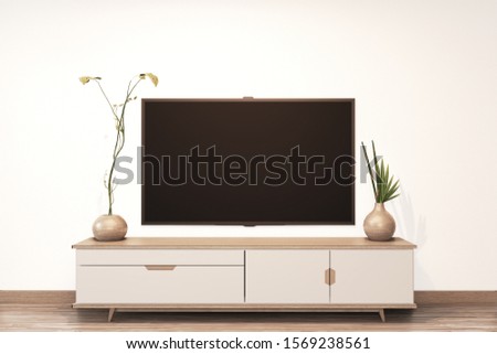 Tv on empty wall background and Cabinet wooden japanese design on living room zen style.3D rendering