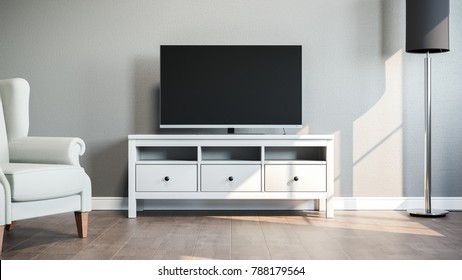 TV on stand in bright room 3D illustration
