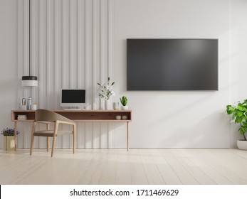 TV On Wall And Cabinet,Living Room,Office Room. 3d Rendering