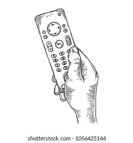 TV Remote Control In Hand Engraving Raster Illustration. Scratch Board Style Imitation. Black And White Hand Drawn Image.