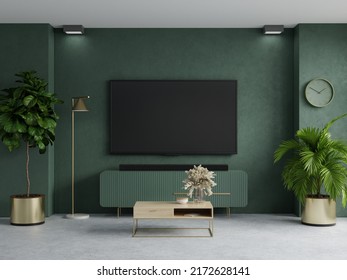 TV Room In Green Color Wall Background,Modern Living Room Decor With A Tv Cabinet.3D Rendering