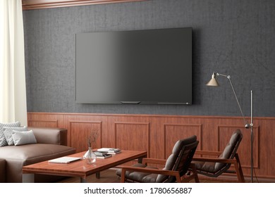 TV Screen Mockup On The Black Wall With Classic Wooden Decoration  In Living Room. Side View, Clipping Path Around Screen. 3d Illustration