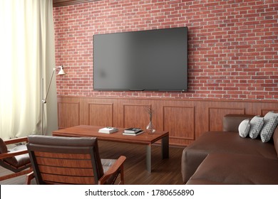 TV Screen Mockup On The Red Brick Wall With Classic Wooden Decoration  In Living Room. Side View, Clipping Path Around Screen. 3d Illustration