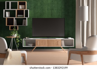 TV Screen On The Green Wall In Modern Living Room. 3d Illustration