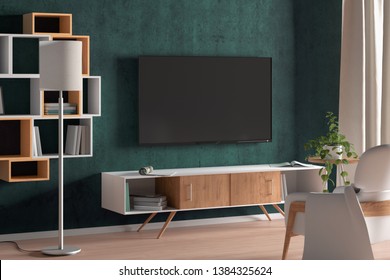 TV Screen On The Turquoise Wall In Modern Living Room. 3d Illustration