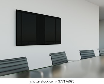 TV Screen On Wall Of Conference Room. 3d Rendering