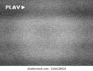 TV Screen Texture With Glitch Text PLAY. HDTV No Signal Problems. Bad TV Signal On TV Screen Noise Of Motion Background Lines. Glitch VHS. Retro Play Concept. Glitch Camera Effect.Video Rewind Texture