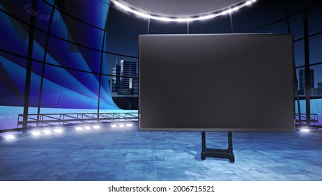 TV Show Backdrop With A Big Screen. Ideal For Live Events, Keynotes Or Adverts. A 3D Rendering, Suitable On VR Tracking System Sets, With Green Screen