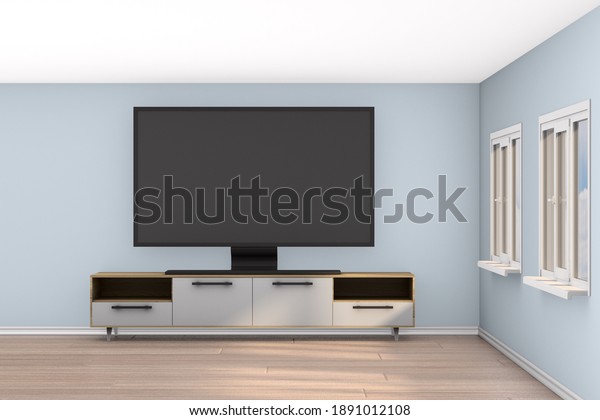tv stand in living\
room. 3D illustration