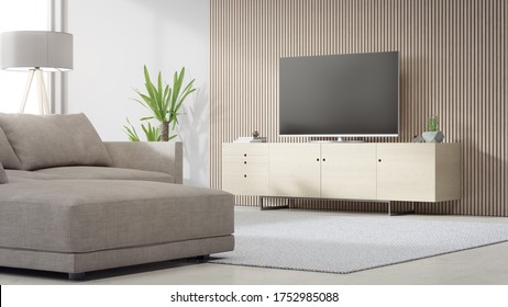 
TV Stand Near Wooden Wall Of Bright Living Room And Sofa Against Television In Modern House Or Apartment. Home Interior 3d Rendering With Empty Big Screen For Template.