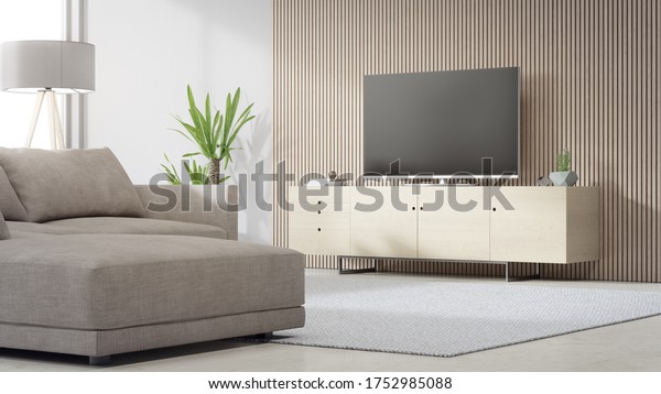 \
TV stand near\
wooden wall of bright living room and sofa against television in\
modern house or apartment. Home interior 3d rendering with empty\
big screen for\
template.