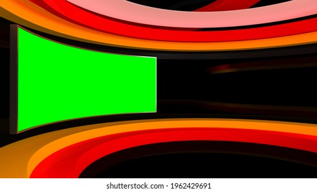 Tv Studio. Backdrop For TV Shows . TV On Wall. News Studio. Red And Yellow Background. The Perfect Backdrop For Any Green Screen Or Chroma Key Video Or Photo Production. 3D Rendering.

