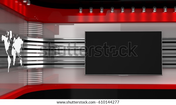 Tv Studio. Backdrop for TV\
shows .TV on wall. News studio. The perfect backdrop for any green\
screen or chroma key video or photo production. 3D\
rendering.