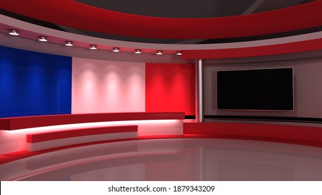 TV Studio. French Flag Background. News Studio.  Loop Animation. Background For Any Green Screen Or Chroma Key Video Production. 3d Render. 3d 