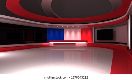 TV Studio. French Flag Background. News Studio.  Loop Animation. Background For Any Green Screen Or Chroma Key Video Production. 3d Render. 3d 