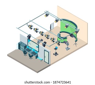 Tv Studio Interior. Television Production Room With Professional Equipment Video Cameras Flashes Softboxes Tripod Isometric