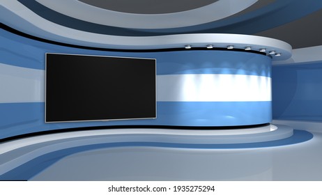 TV Studio.  Light Blue Background. Argentine Flag. News Studio. Background For Any Green Screen Or Chroma Key Video Production. 3d Render. 3d