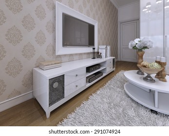 TV Unit With A TV On The Wall In A White Frame. Modern And Art Deco Style. 3D Render.