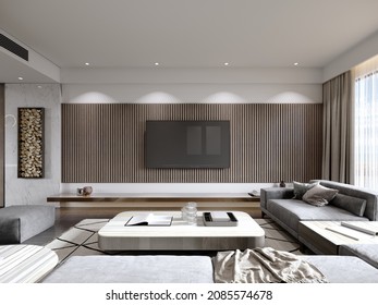 TV Wall Wood Planks With Firewood Niche And Modern Furniture. 3D Rendering.