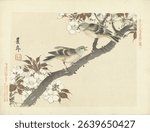Twee groene vogels op bloesemtak (1892) by Imao Keinen, Aoki Kosaburo and Aoki Kosaburo. Vintage Japanese artwork. Japanese scene in old painting and artwork.