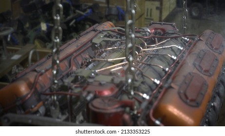 Twelve Cylinder Diesel Engine Closeup. 3D Render.