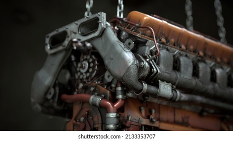 Twelve Cylinder Diesel Engine Exhaust. 3D Render.