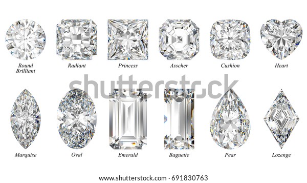 Twelve the most popular diamond cut shapes\
and styles. Close-up top view with titles, isolated on white\
background. 3D rendering illustration.\

