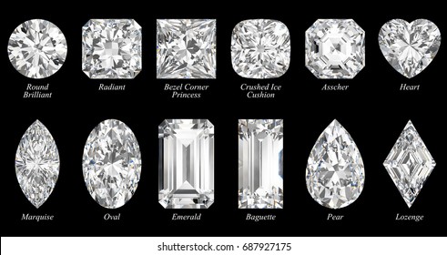 Twelve the most popular varieties of diamond cut shapes with titles, close-up top view isolated on black background. 3D rendering illustration