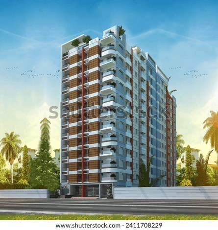 Twelve storied building 3d rendering with natural trees,tower, home, house, mansion, white house washington dc, washington, residence, landmark, presidential, federal, white house, government,